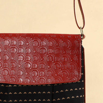 Black - Handcrafted Jacquard Fabric Sling Bag with Embossed Leather Flap