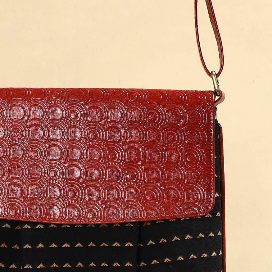 Black - Handcrafted Jacquard Fabric Sling Bag with Embossed Leather Flap