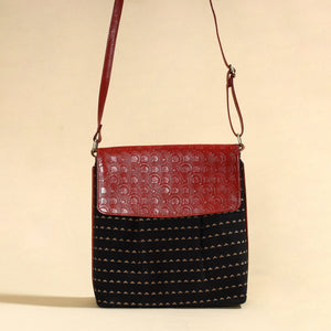 Black - Handcrafted Jacquard Fabric Sling Bag with Embossed Leather Flap