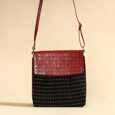 Black - Handcrafted Jacquard Fabric Sling Bag with Embossed Leather Flap