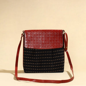 Black - Handcrafted Jacquard Fabric Sling Bag with Embossed Leather Flap