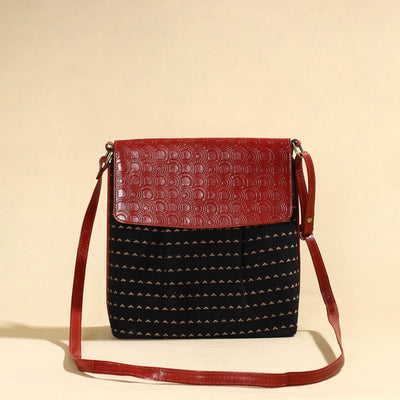 Black - Handcrafted Jacquard Fabric Sling Bag with Embossed Leather Flap