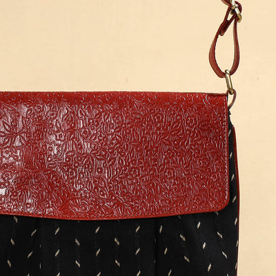 Black - Handcrafted Jacquard Fabric Sling Bag with Embossed Leather Flap