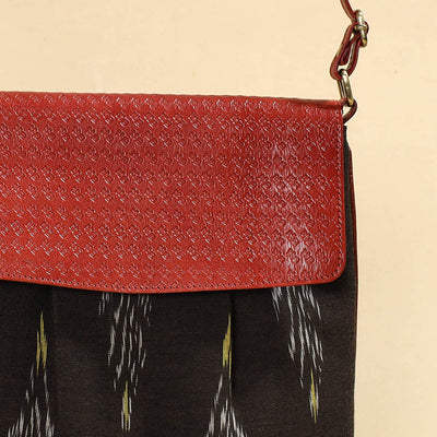 Black - Handcrafted Ikat Fabric Sling Bag with Embossed Leather Flap