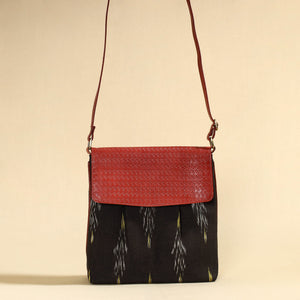 Black - Handcrafted Ikat Fabric Sling Bag with Embossed Leather Flap