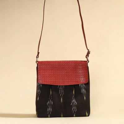 Black - Handcrafted Ikat Fabric Sling Bag with Embossed Leather Flap
