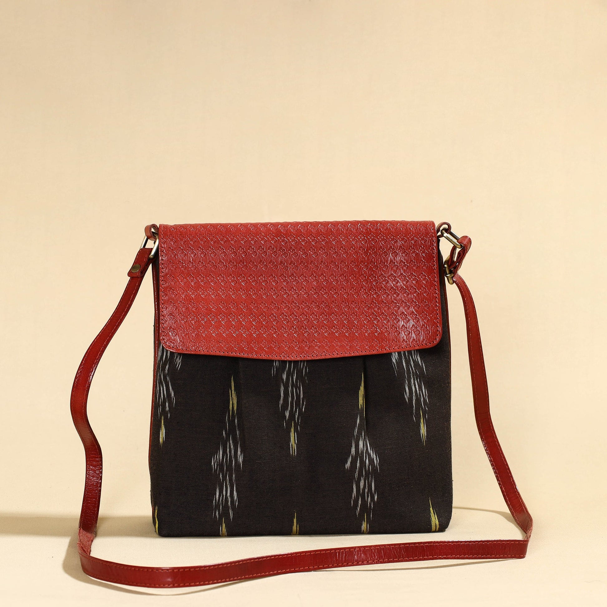 Black - Handcrafted Ikat Fabric Sling Bag with Embossed Leather Flap
