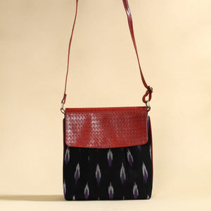 Black - Handcrafted Ikat Fabric Sling Bag with Embossed Leather Flap