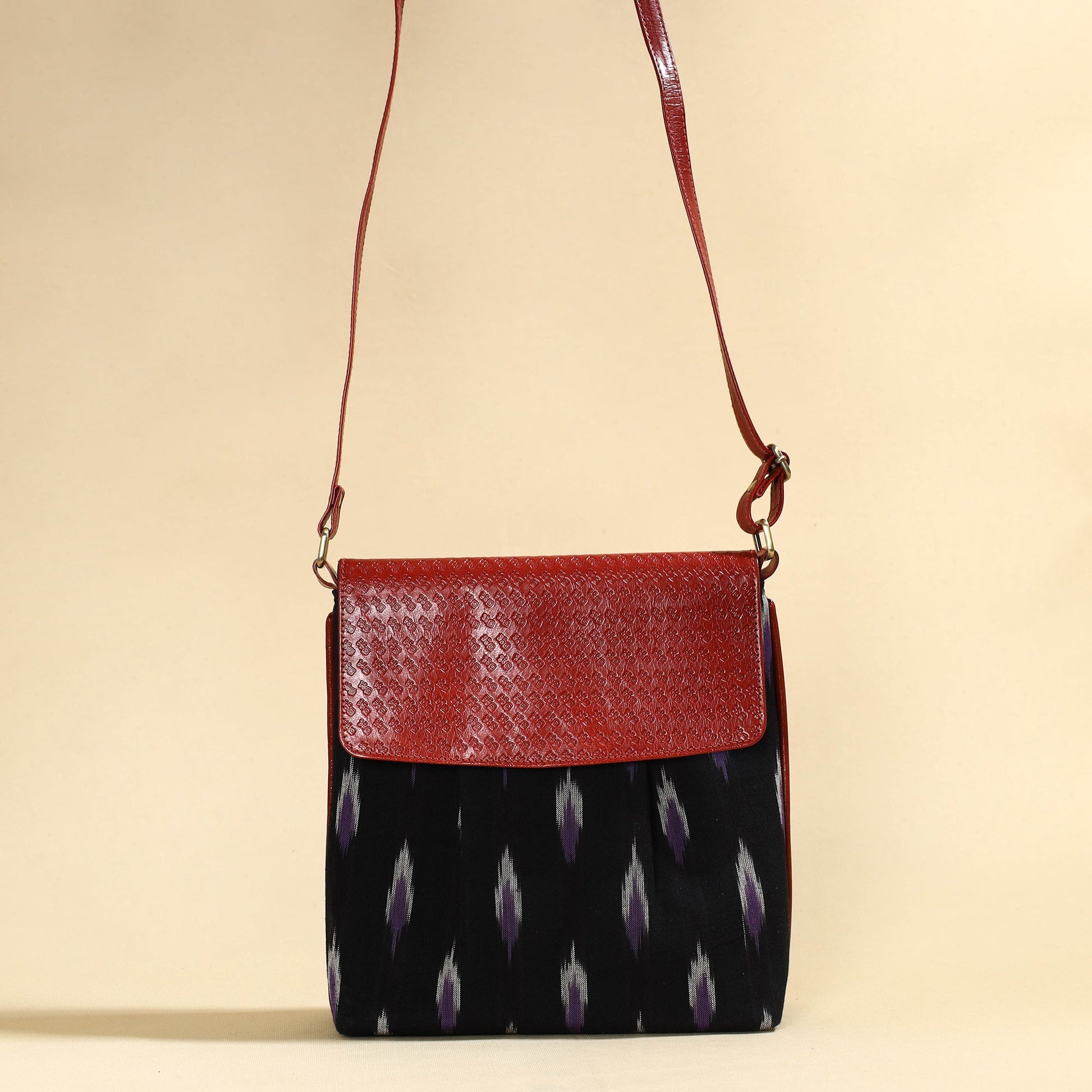 Black - Handcrafted Ikat Fabric Sling Bag with Embossed Leather Flap