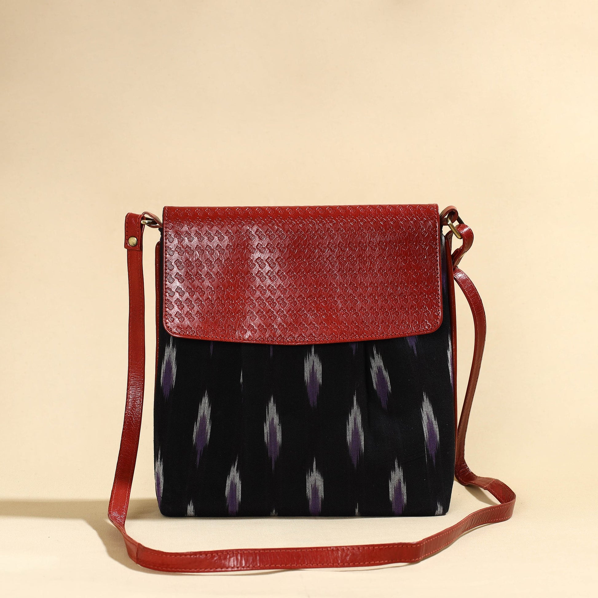 Black - Handcrafted Ikat Fabric Sling Bag with Embossed Leather Flap
