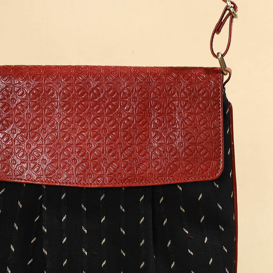 Black - Handcrafted Ikat Fabric Sling Bag with Embossed Leather Flap