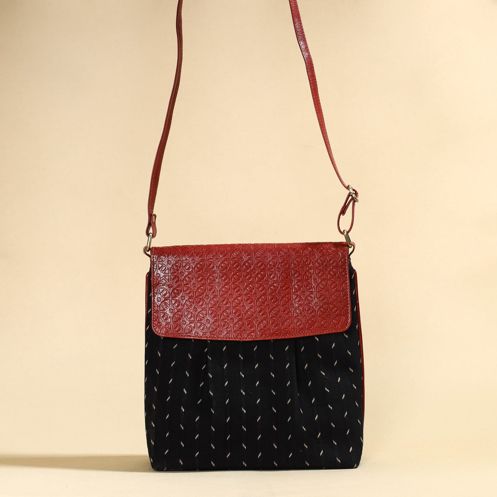 Black - Handcrafted Ikat Fabric Sling Bag with Embossed Leather Flap
