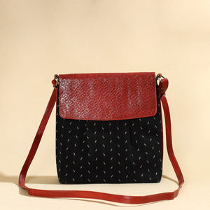 Black - Handcrafted Ikat Fabric Sling Bag with Embossed Leather Flap