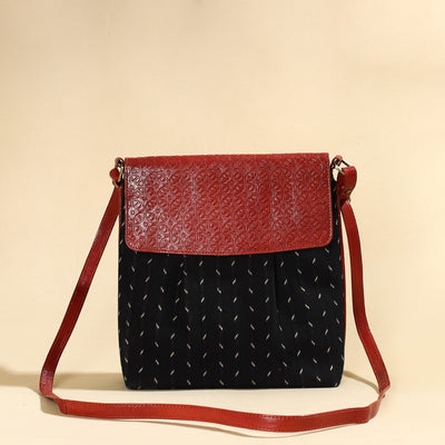 Black - Handcrafted Ikat Fabric Sling Bag with Embossed Leather Flap