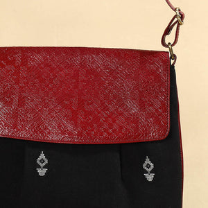 Black - Handcrafted Jacquard Fabric Sling Bag with Embossed Leather Flap