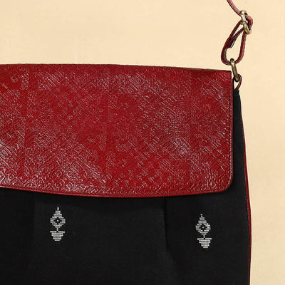 Black - Handcrafted Jacquard Fabric Sling Bag with Embossed Leather Flap