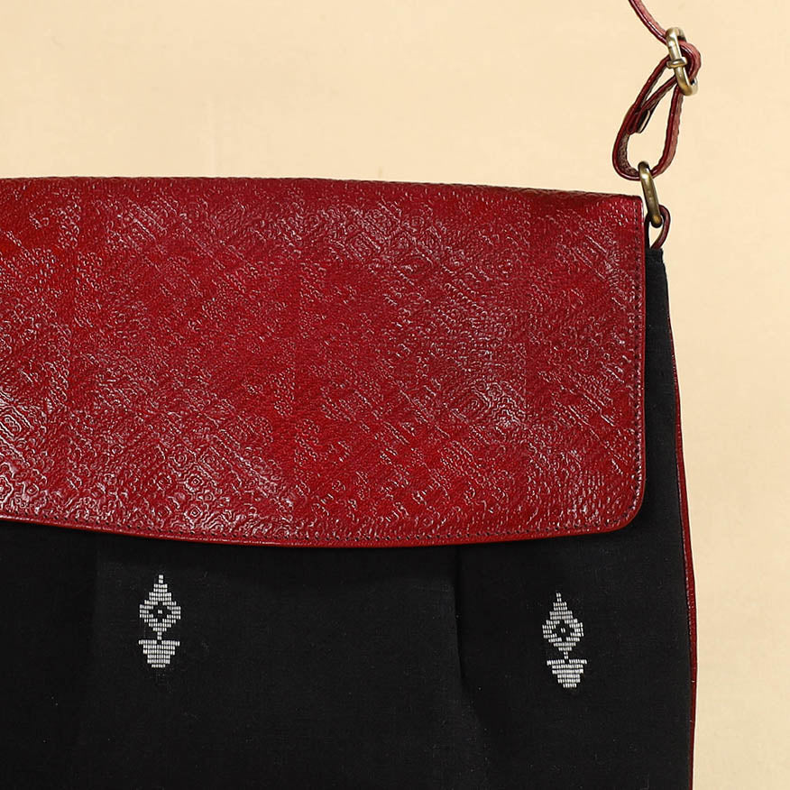 Black - Handcrafted Jacquard Fabric Sling Bag with Embossed Leather Flap