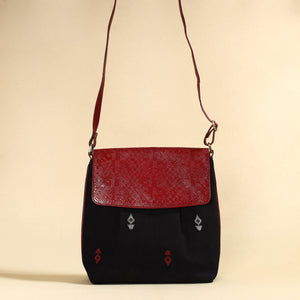 Black - Handcrafted Jacquard Fabric Sling Bag with Embossed Leather Flap