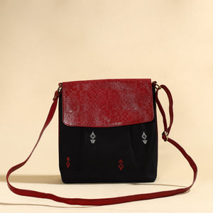Black - Handcrafted Jacquard Fabric Sling Bag with Embossed Leather Flap