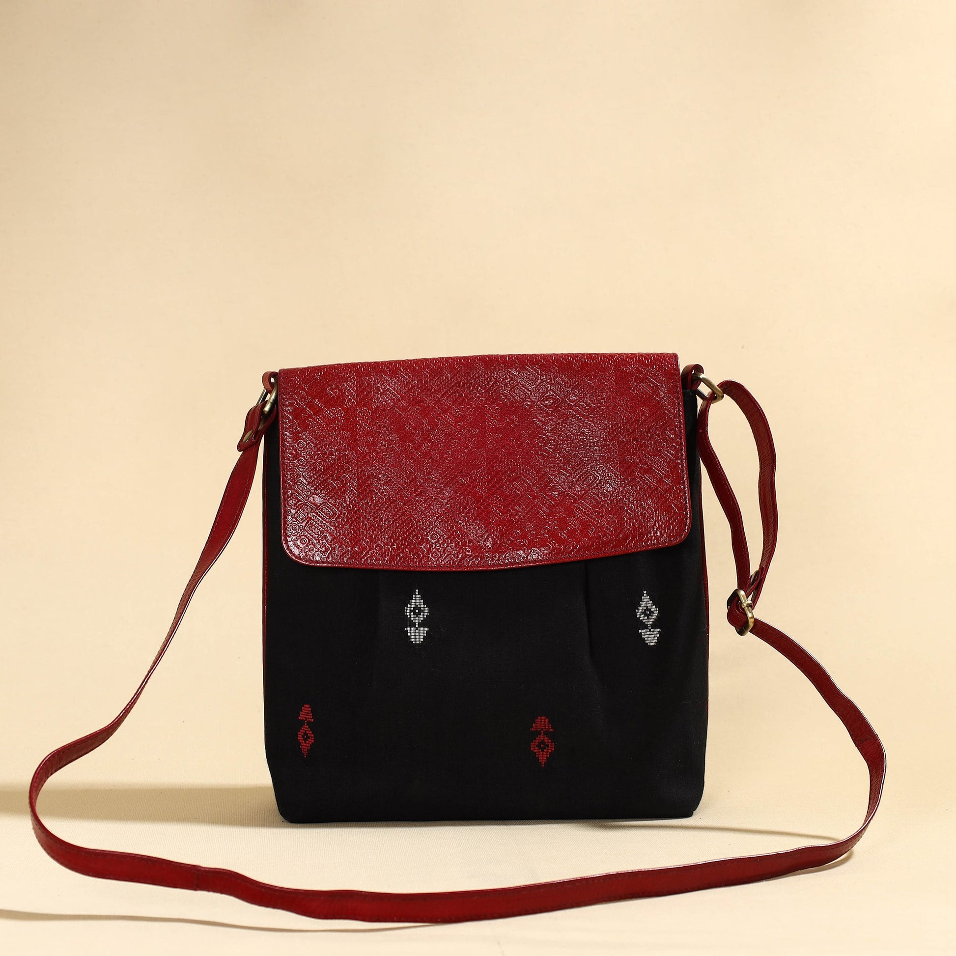 Black - Handcrafted Jacquard Fabric Sling Bag with Embossed Leather Flap
