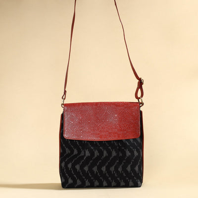Black - Handcrafted Ikat Fabric Sling Bag with Embossed Leather Flap