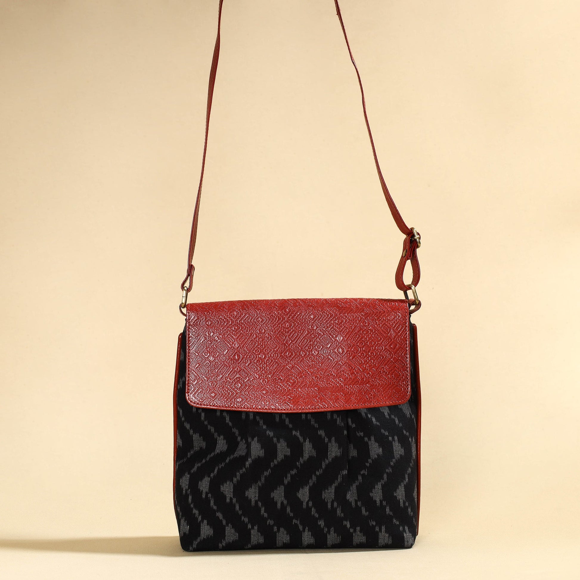 Black - Handcrafted Ikat Fabric Sling Bag with Embossed Leather Flap