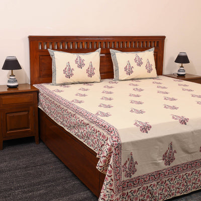 Beige - Cotton Double Sanganeri Print Bed Sheet 02