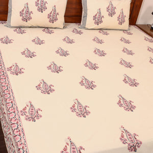 Beige - Cotton Double Sanganeri Print Bed Sheet 02