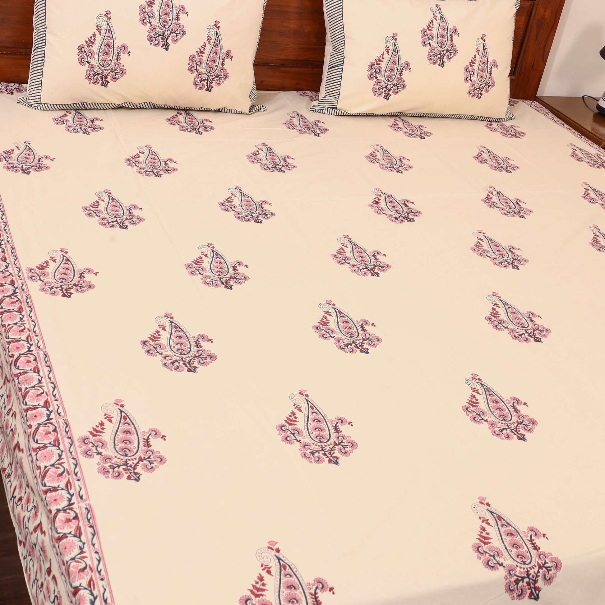 Beige - Cotton Double Sanganeri Print Bed Sheet 02