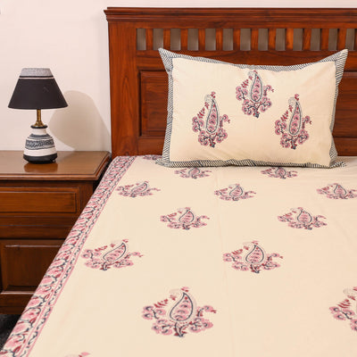 Beige - Cotton Double Sanganeri Print Bed Sheet 02