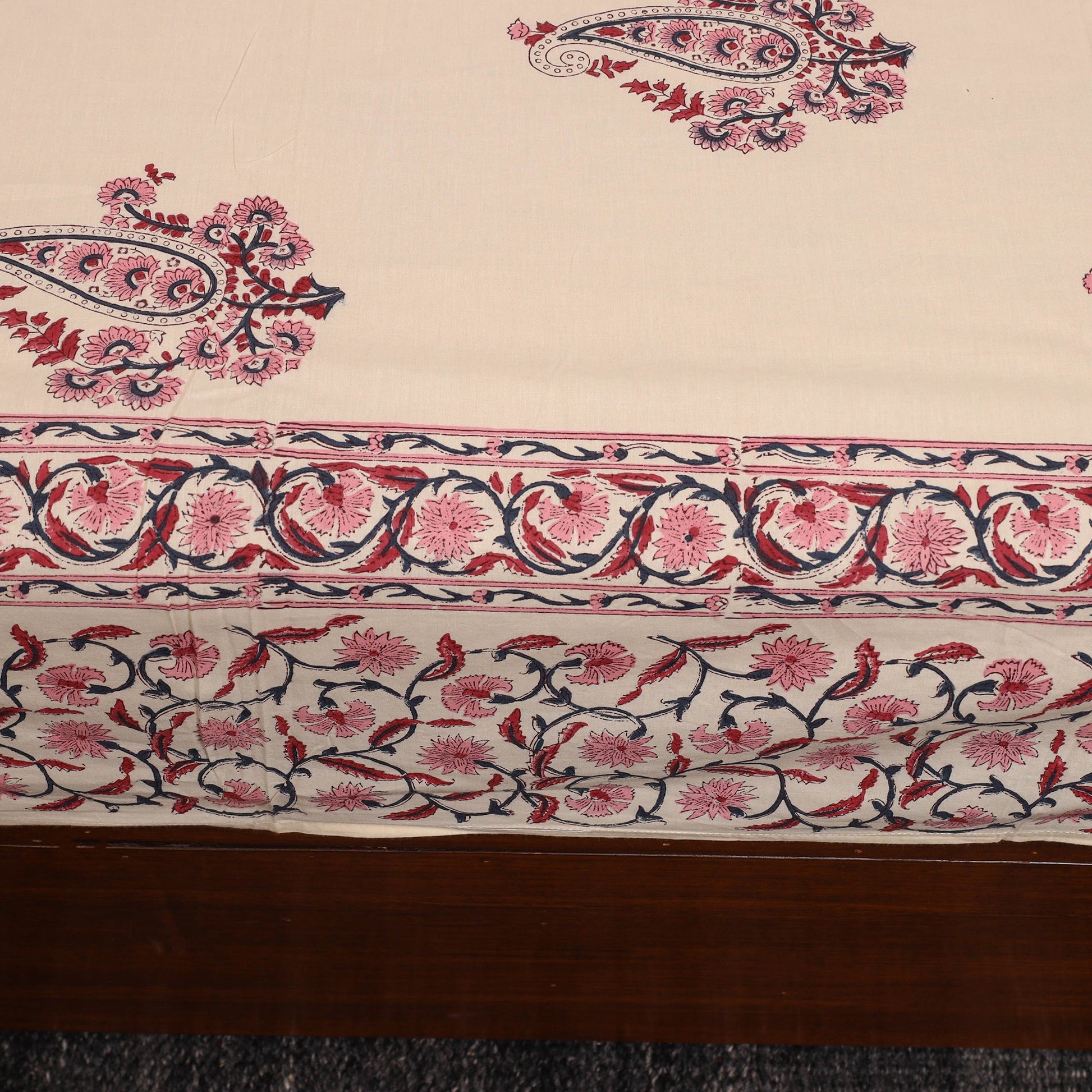 Beige - Cotton Double Sanganeri Print Bed Sheet 02
