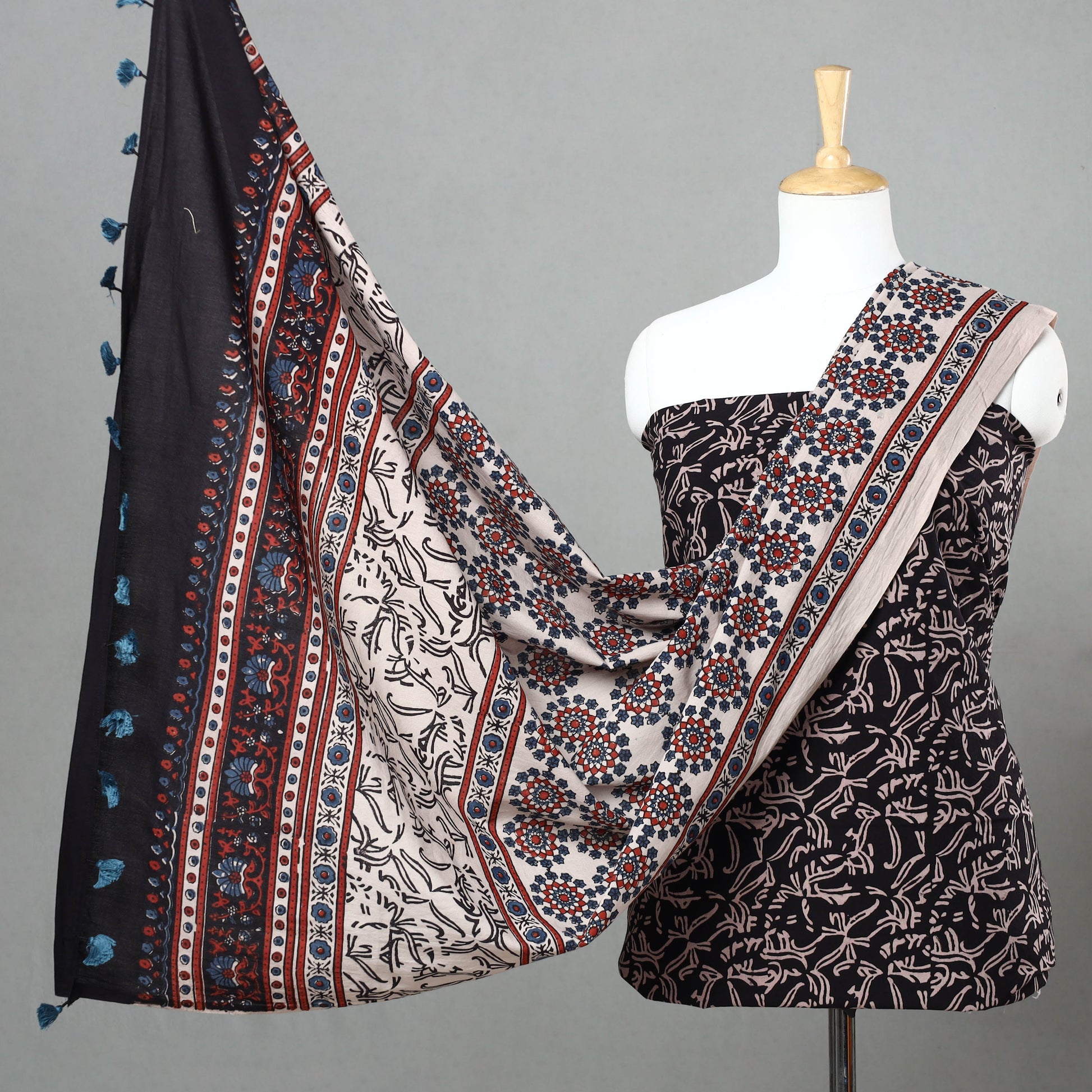 Black - 3pc Ajrakh Block Printed Natural Dyed Cotton Suit Material Set 03