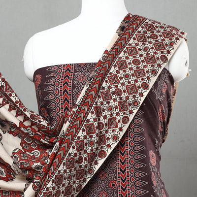 Brown - 3pc Ajrakh Block Printed Natural Dyed Cotton Suit Material Set 05