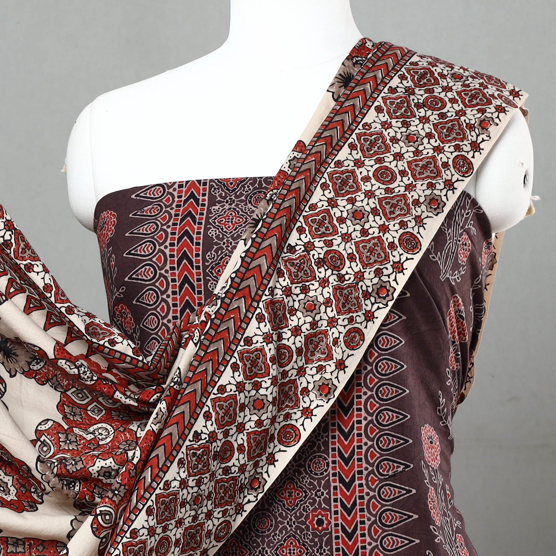 Brown - 3pc Ajrakh Block Printed Natural Dyed Cotton Suit Material Set 05
