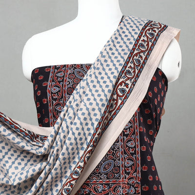 Black - 3pc Ajrakh Block Printed Natural Dyed Cotton Suit Material Set 07
