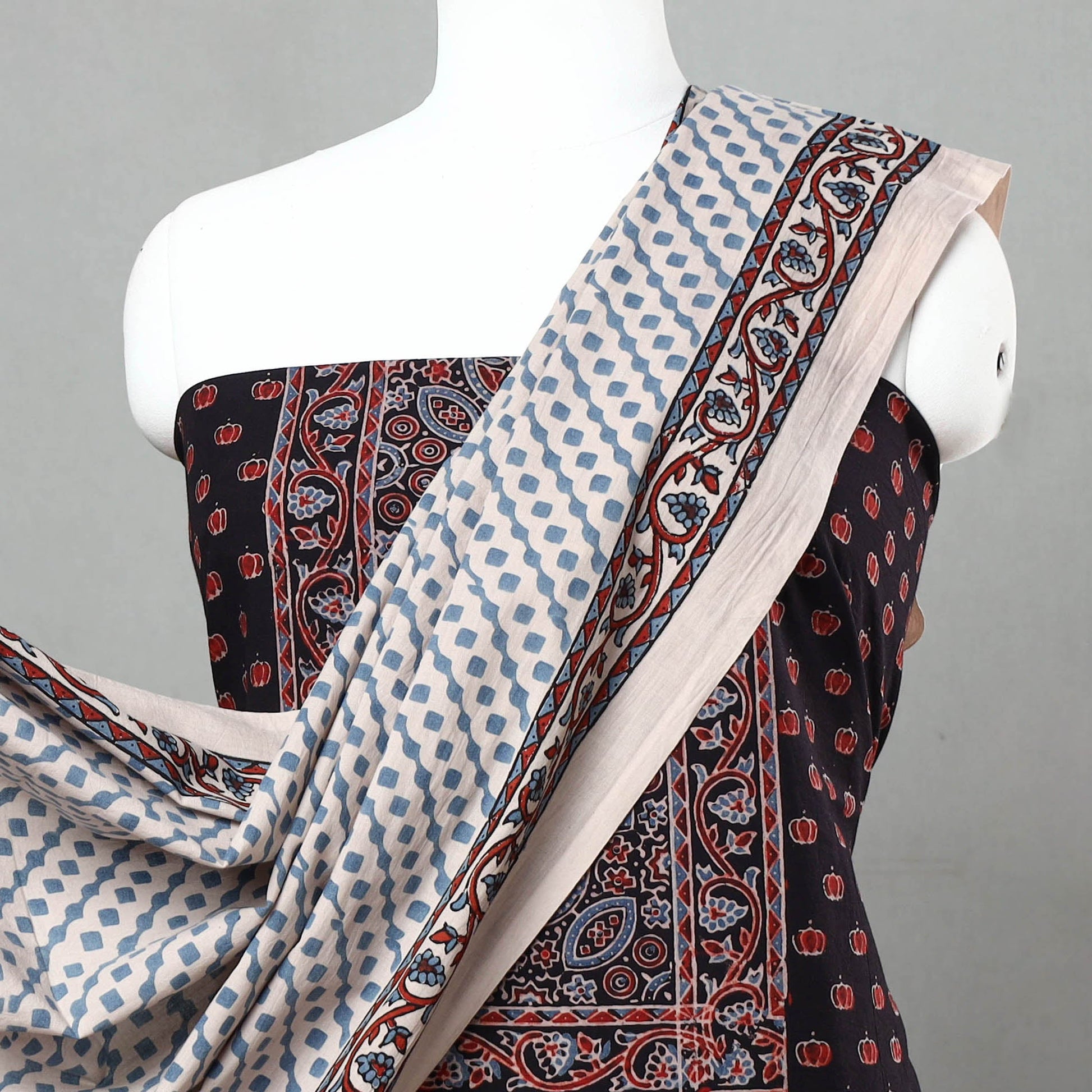 Black - 3pc Ajrakh Block Printed Natural Dyed Cotton Suit Material Set 07