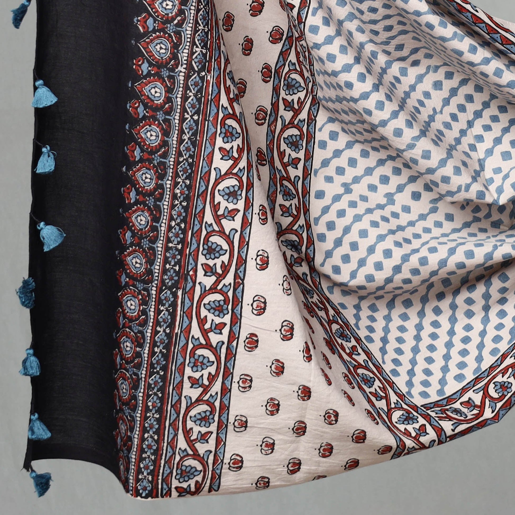 Black - 3pc Ajrakh Block Printed Natural Dyed Cotton Suit Material Set 07