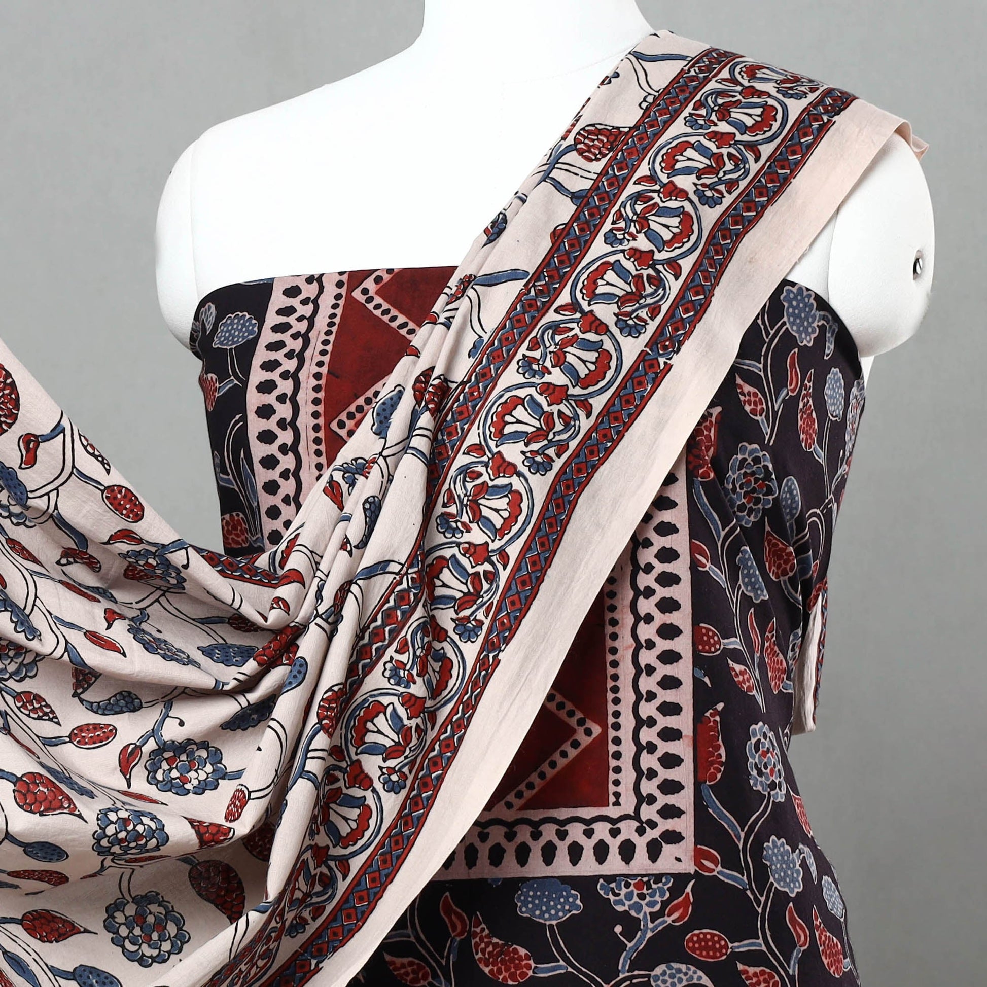 Black - 3pc Ajrakh Block Printed Natural Dyed Cotton Suit Material Set 12