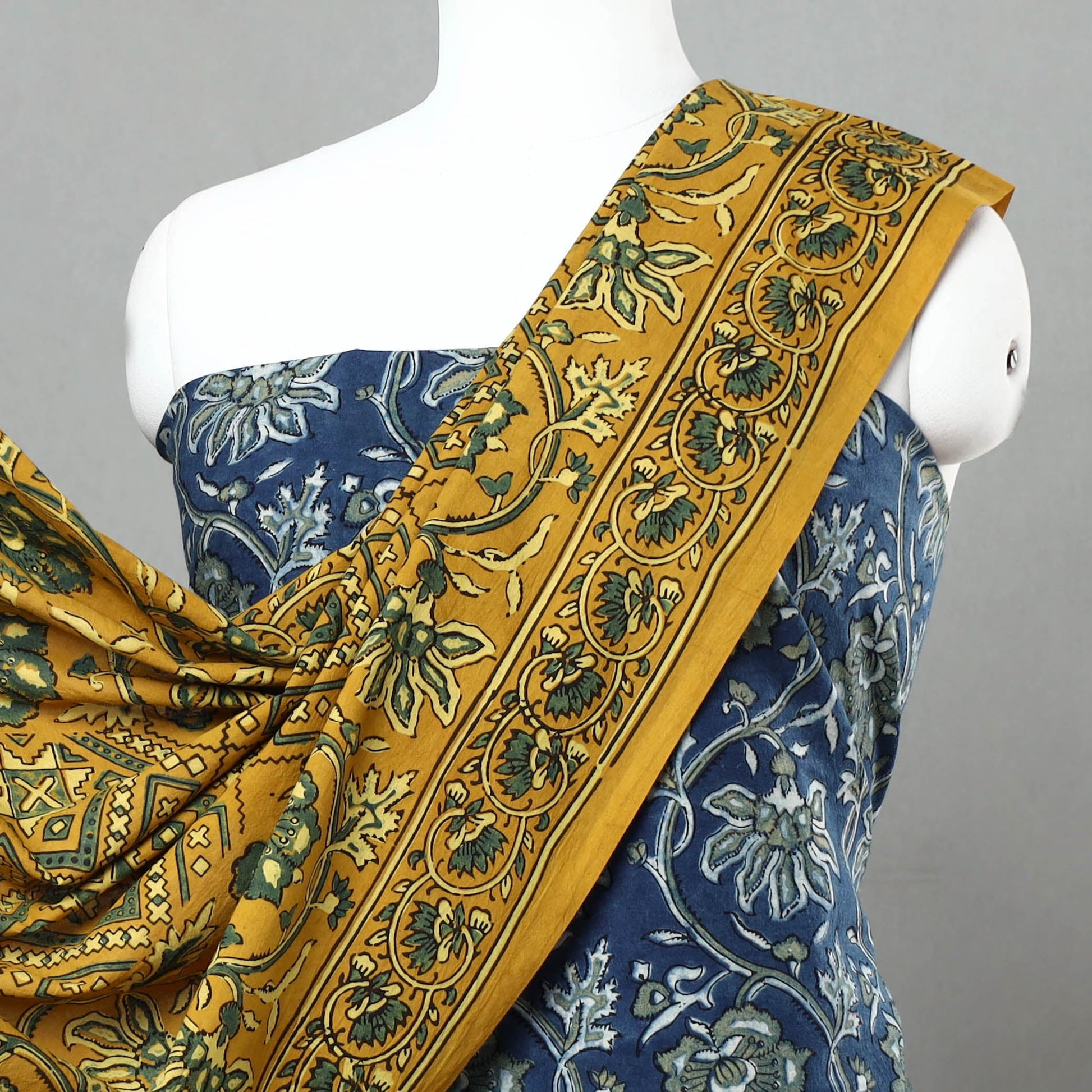Blue - 3pc Ajrakh Block Printed Natural Dyed Cotton Suit Material Set 13