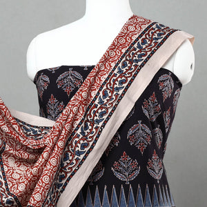 Black - 3pc Ajrakh Block Printed Natural Dyed Cotton Suit Material Set 15