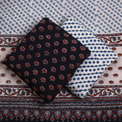 Black - 3pc Ajrakh Block Printed Natural Dyed Cotton Suit Material Set 07