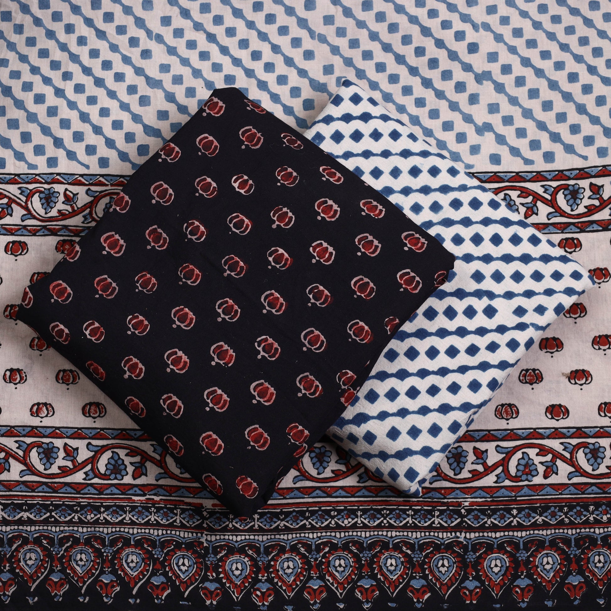 Black - 3pc Ajrakh Block Printed Natural Dyed Cotton Suit Material Set 07