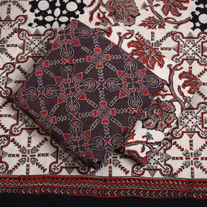Brown - 3pc Ajrakh Block Printed Natural Dyed Cotton Suit Material Set 09