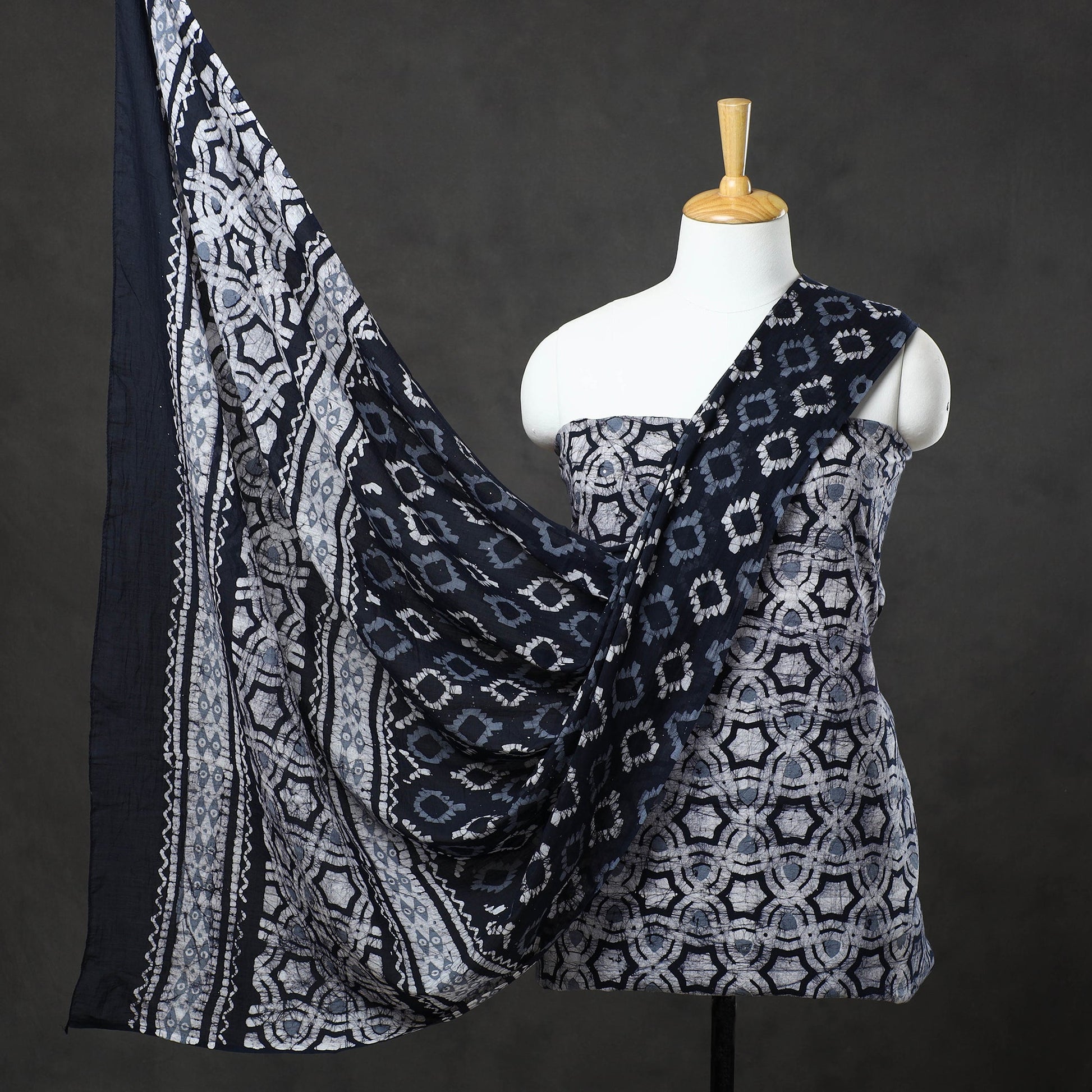 Blue - 3pc Kutch Cotton Batik Print Dress Material 09