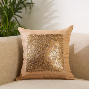 Beige - Aari Embroidery Sequin Work Mercerised Ghicha Silk Cushion Cover (16 x 16 in)