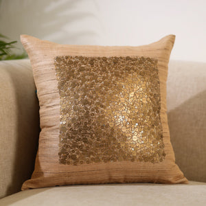 Beige - Aari Embroidery Sequin Work Mercerised Ghicha Silk Cushion Cover (16 x 16 in)