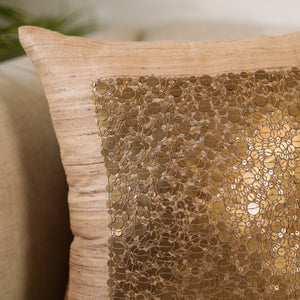 Beige - Aari Embroidery Sequin Work Mercerised Ghicha Silk Cushion Cover (16 x 16 in)