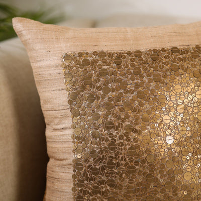 Beige - Aari Embroidery Sequin Work Mercerised Ghicha Silk Cushion Cover (16 x 16 in)
