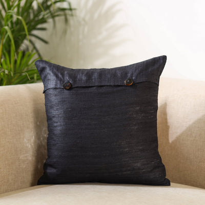 Black - Aari Embroidery Sequin Work Ghicha Silk Cushion Cover (16 x 16 in)