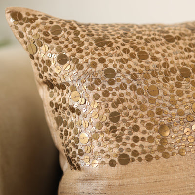 Brown - Aari Embroidery Sequin Work Mercerised Ghicha Silk Cushion Cover (16 x 16 in)